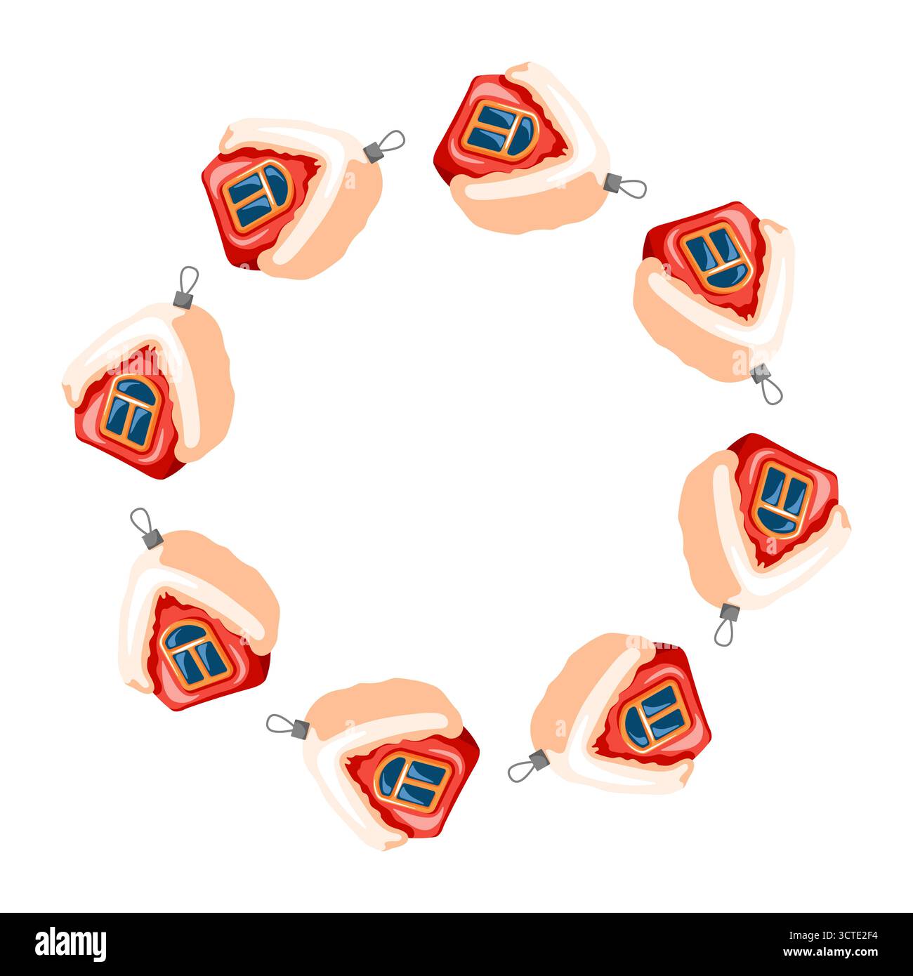 Festlicher Kranz aus rotem Haus in Form eines Weihnachtsbaums mit schneebedecktem Dach in kreisförmigem Muster auf weißem Hintergrund im Cartoon-Stil. Stock Vektor