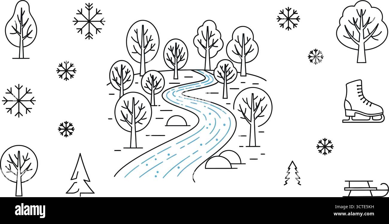 Set von linearen Symbolen für Bäume, eine Sammlung verschiedener Baumtypen Stock Vektor