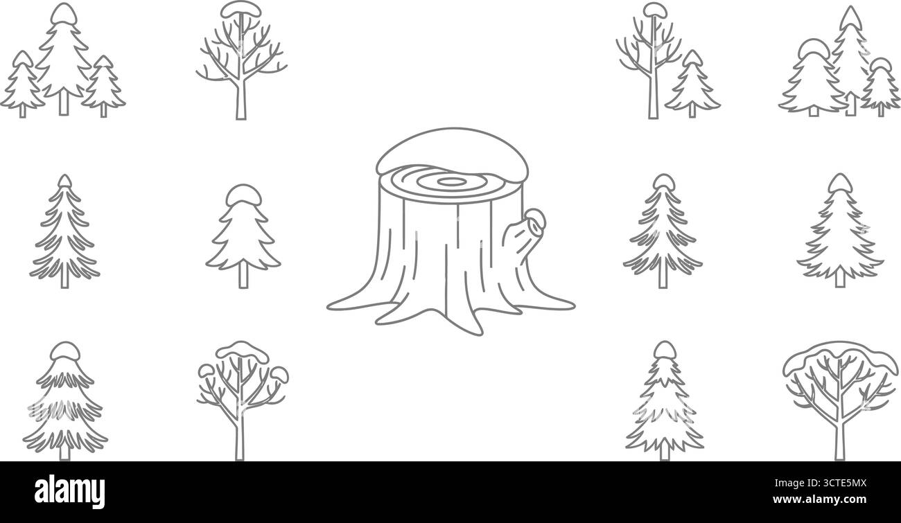 Reihe von linearen Symbolen der Naturelemente Sammlung von Bäumen und Flüssen Stock Vektor