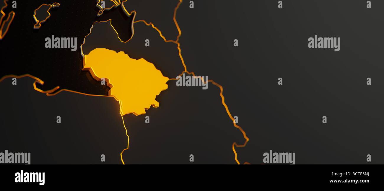 Goldene litauische 3D-Karte umgeben von anderen Ländern in Schwarz mit goldenen Grenzen und flachem dof. Politische Landkarte Europas mit Grenzen Stockfoto