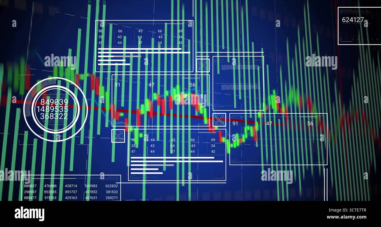 Dunkelblauer Rasterfüllungsbildschirm, wenn grüne Balken aufsteigen, während die Kerzenlinie die Markierung animiert Stockfoto