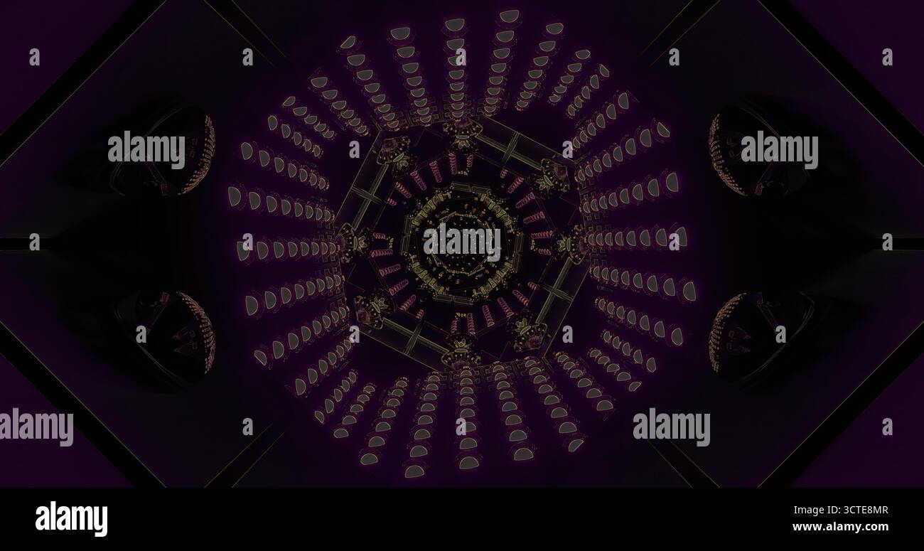 Ein auffälliges geometrisches Design zeigt eine Reihe von Lichtern, die von einem zentralen Punkt ausgehen. Die dunkle Umgebung verstärkt die visuelle Wirkung des Hellen Stockfoto
