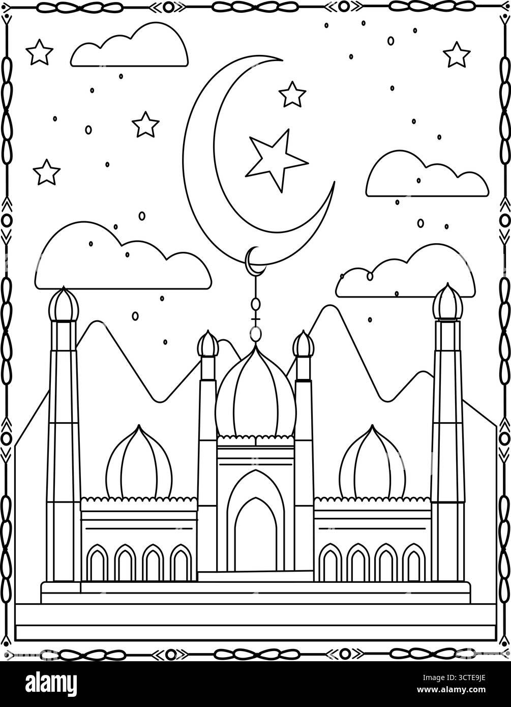 Handgezeichnete Bilder islamischer Kultstätten zur Gestaltung von Weihnachtskarten. Kritzele verschiedener Moscheen. Eid Mubarak Kareem. Ausmalseite Für Kinder Und Erwachsene Stock Vektor