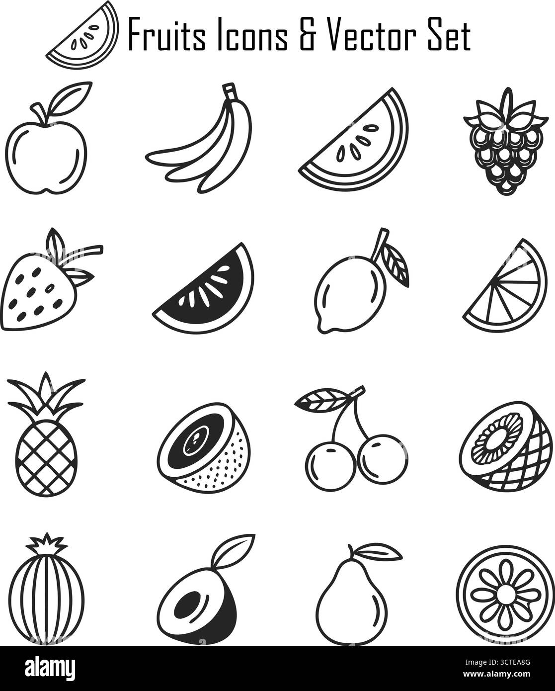 Bunte Früchte Icons Set, Fresh Healthy Food Vector Symbole, flache Design Sammlung von tropischen und lokalen Früchten Stock Vektor