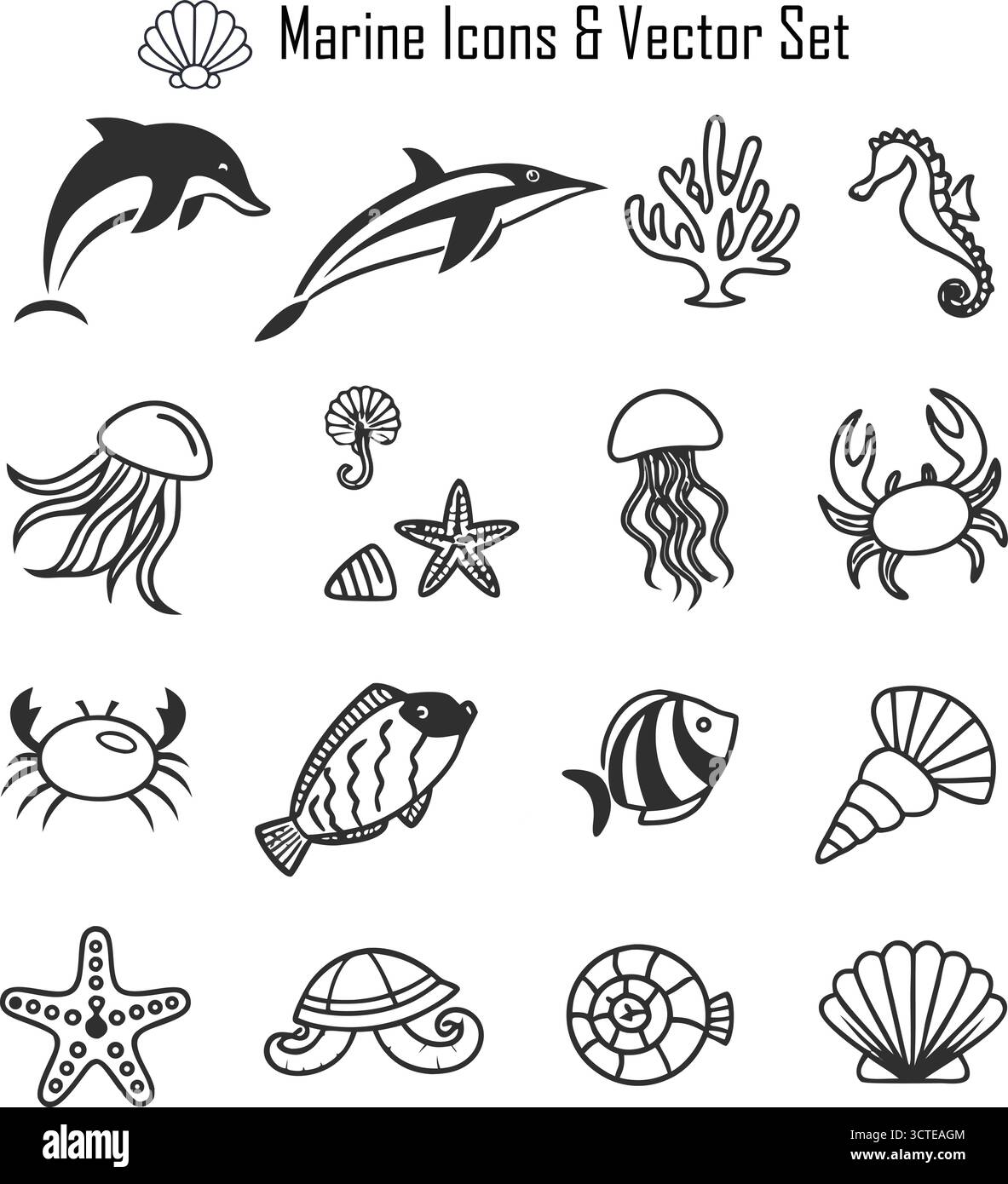 Marine Icons Set, Ocean and Sea Life Symbol Collection, nautische, maritime und Wasser-Vektor-Illustration Stock Vektor