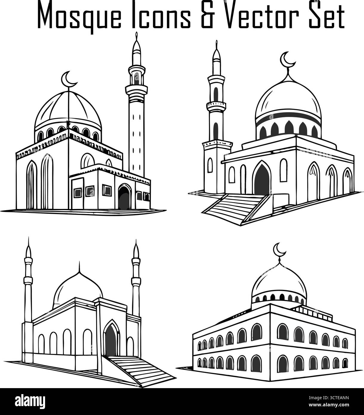 Moschee Icons Set, islamische Architektur und religiöse Gebäude Symbol Sammlung, Minaret und Kuppelvektor Illustration Stock Vektor