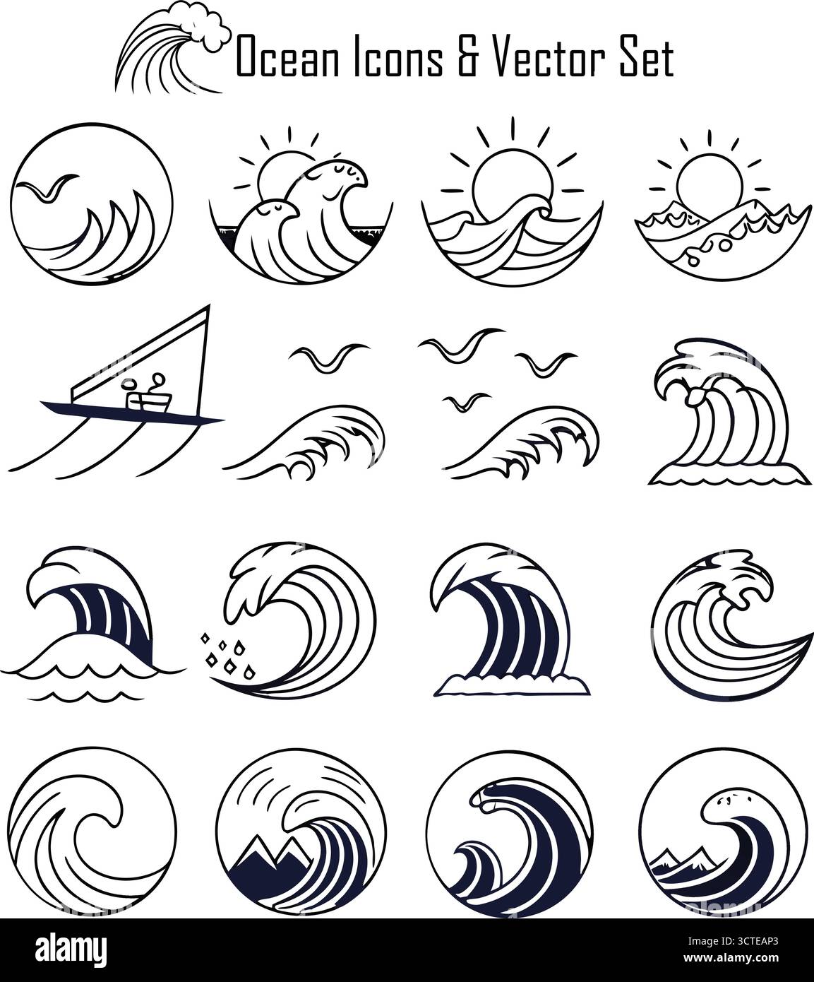 Ocean Icons Set, Sea and Marine Life Symbol Collection, Wellen, nautische und Wasser Vektor Illustration Stock Vektor