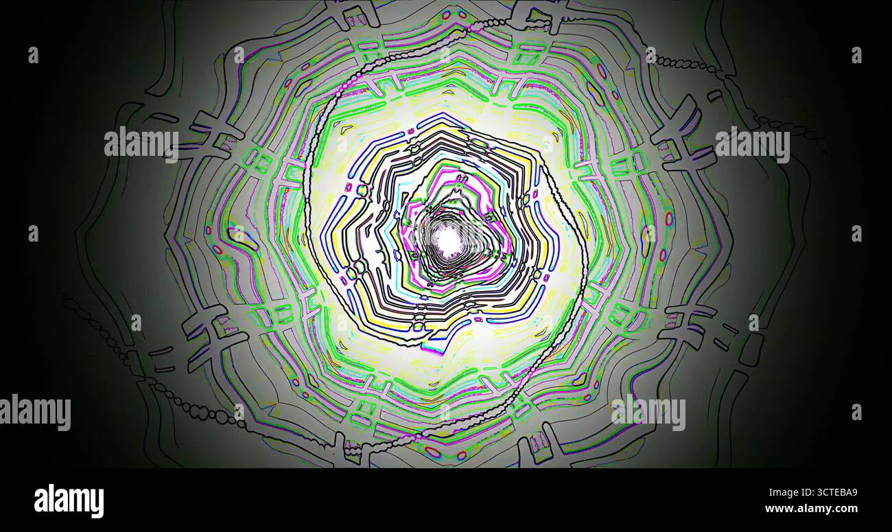 Das lebhafte Spiraldesign zeigt eine komplexe Mischung aus Linien in Grün, Lila und weiß. Stockfoto