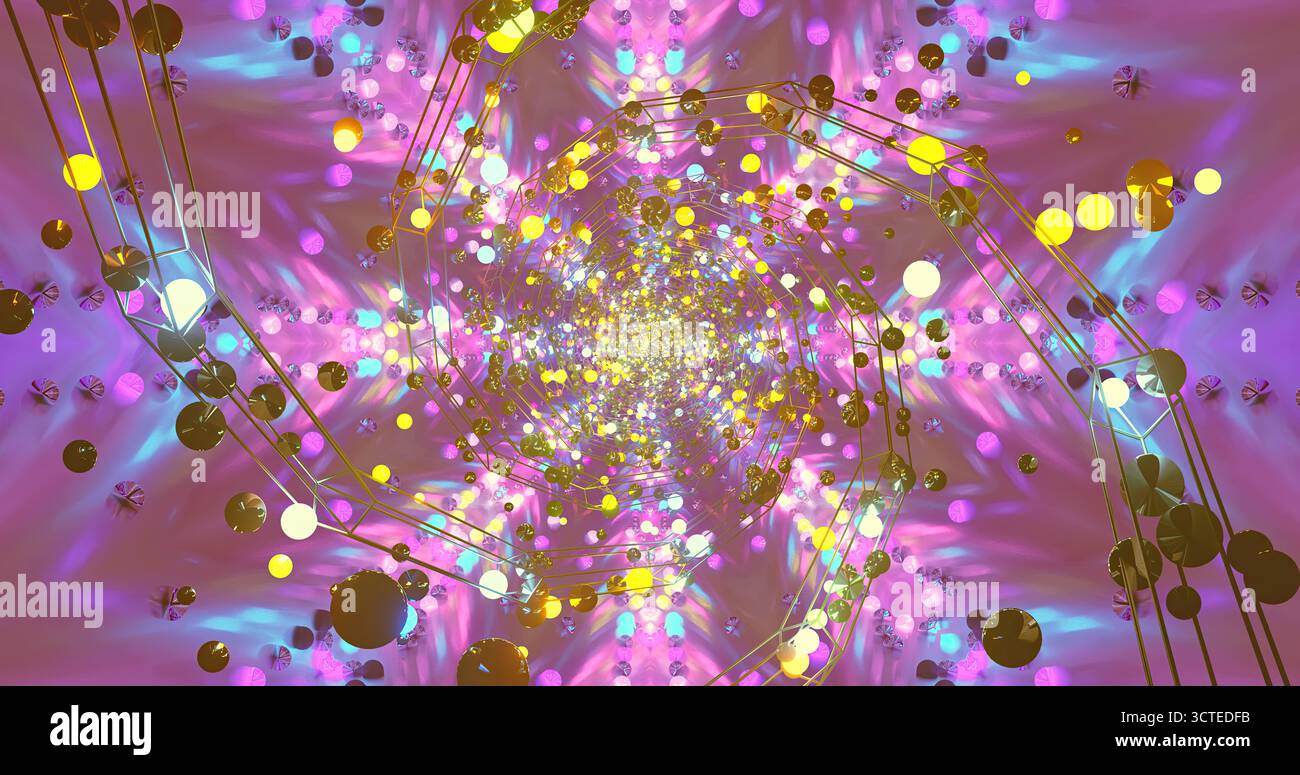 Das leuchtende Spiraldesign besticht durch helle Lichter und farbenfrohe Formen, die sich nach innen bewegen. Die dynamischen Muster erzeugen einen fesselnden visuellen Effekt, der eindrucksvoll ist Stockfoto