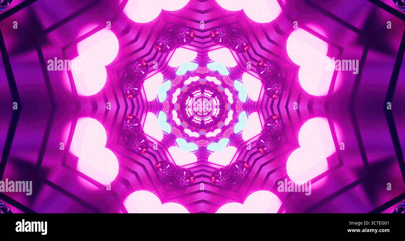 Lebendiges Muster mit Herzen und wirbelnden Formen in Rosa- und Violetttönen. Helle Lichter reflektieren und erzeugen einen faszinierenden visuellen Effekt und sorgen für mehr Tiefe Stockfoto