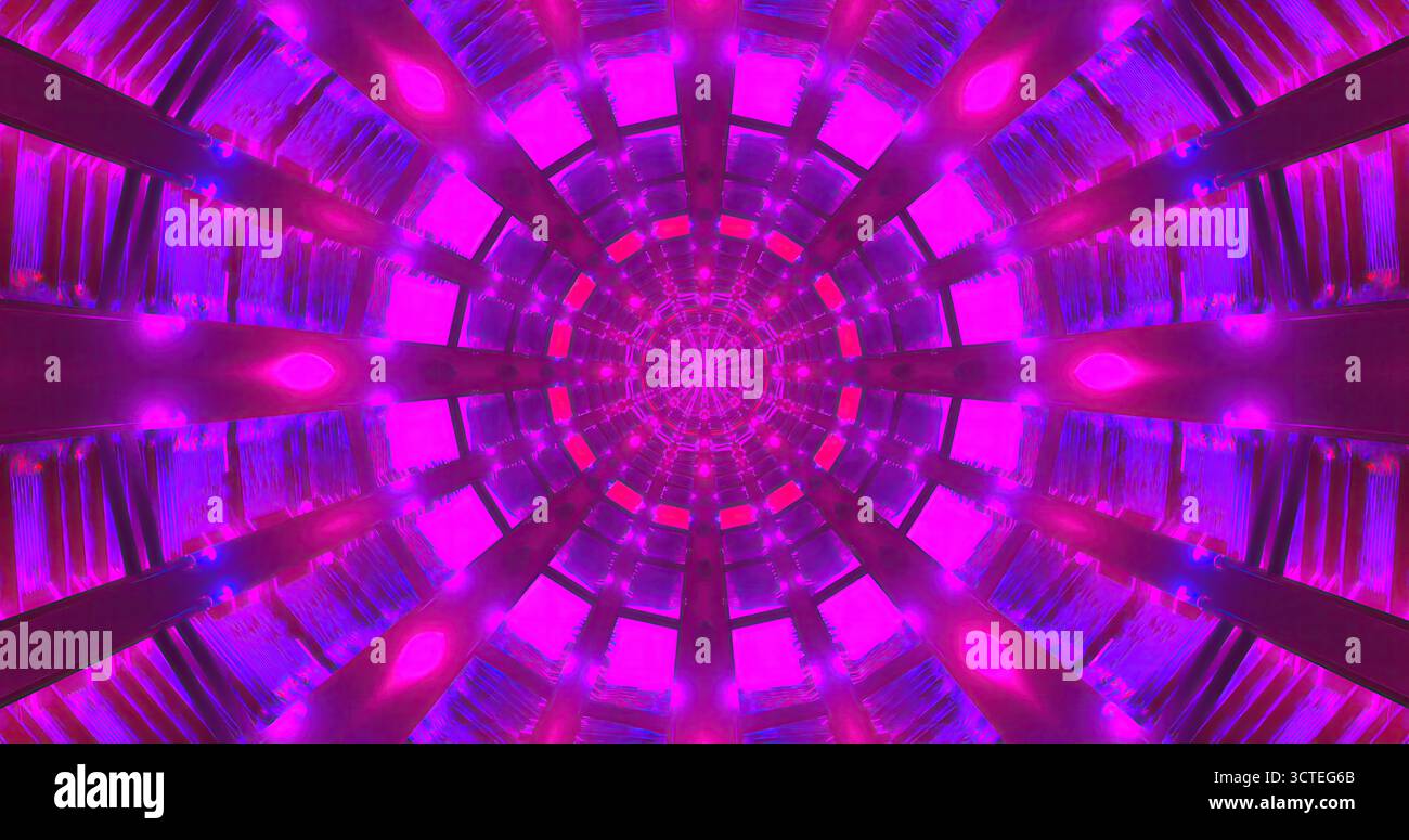 Helle Muster in Rosa und Violett sorgen für einen faszinierenden visuellen Effekt. Das Design zeichnet sich durch kreisförmige Formen aus, die das Auge in eine kaleidoskopische Erscheinung ziehen Stockfoto