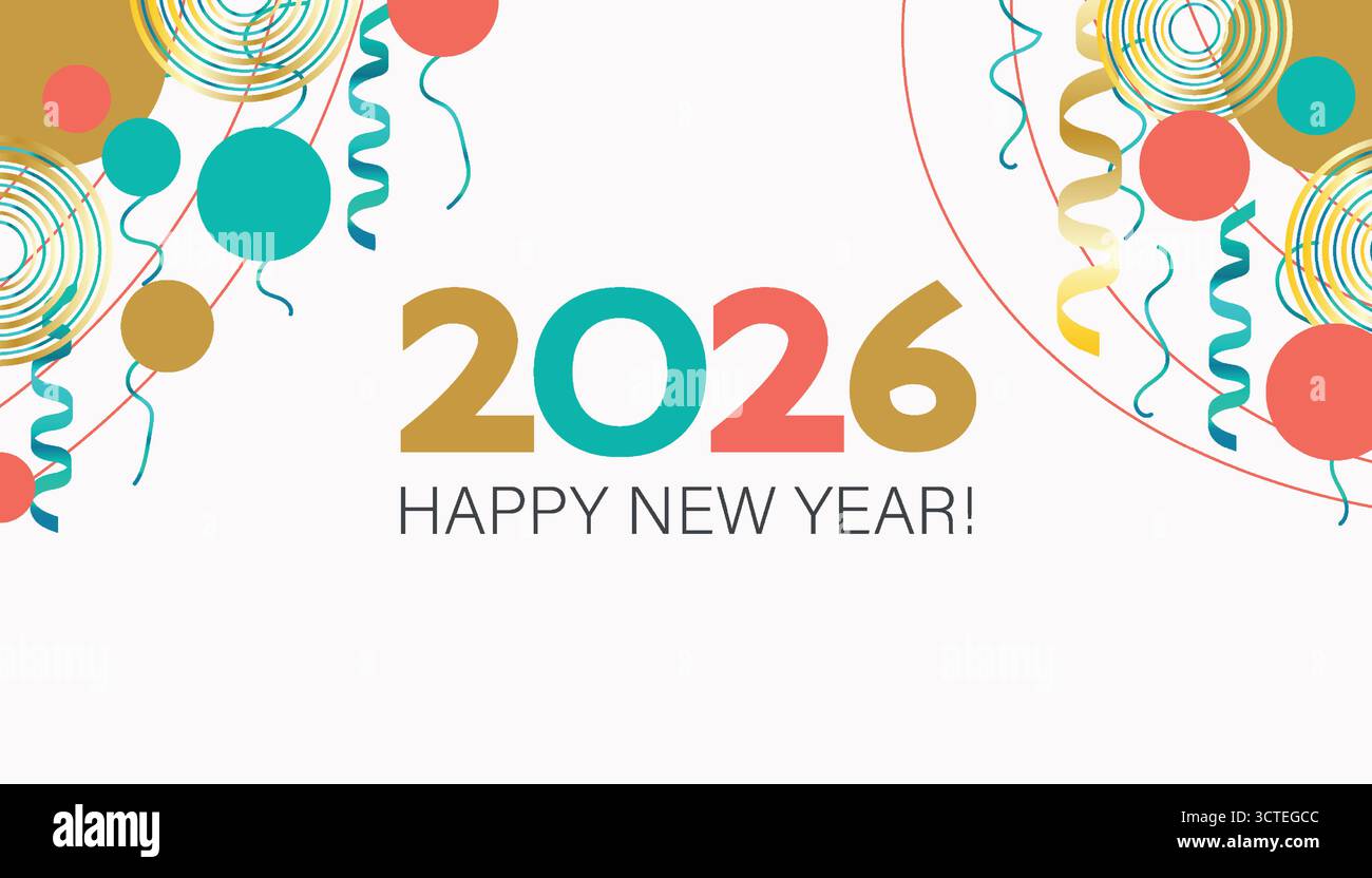 Farbenfrohes Neujahrsdesign 2026 mit festlichen Elementen wie Konfetti und Streamer. Helle Farben schaffen eine fröhliche Atmosphäre für den Urlaub. Stock Vektor