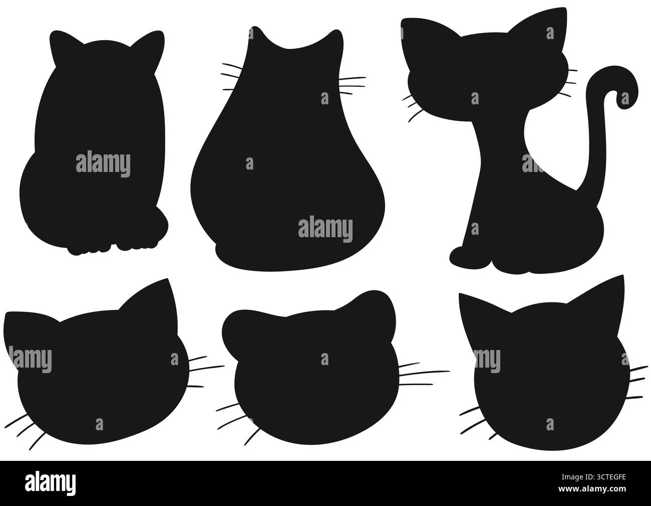 Katzen, Kätzchen. Set mit Silhouetten im Stil der Handzeichnung. Design für Rätsel und pädagogische Aufgaben von Kindern. Symbole, Schilder, Aufkleber, Pins, Logo Stock Vektor