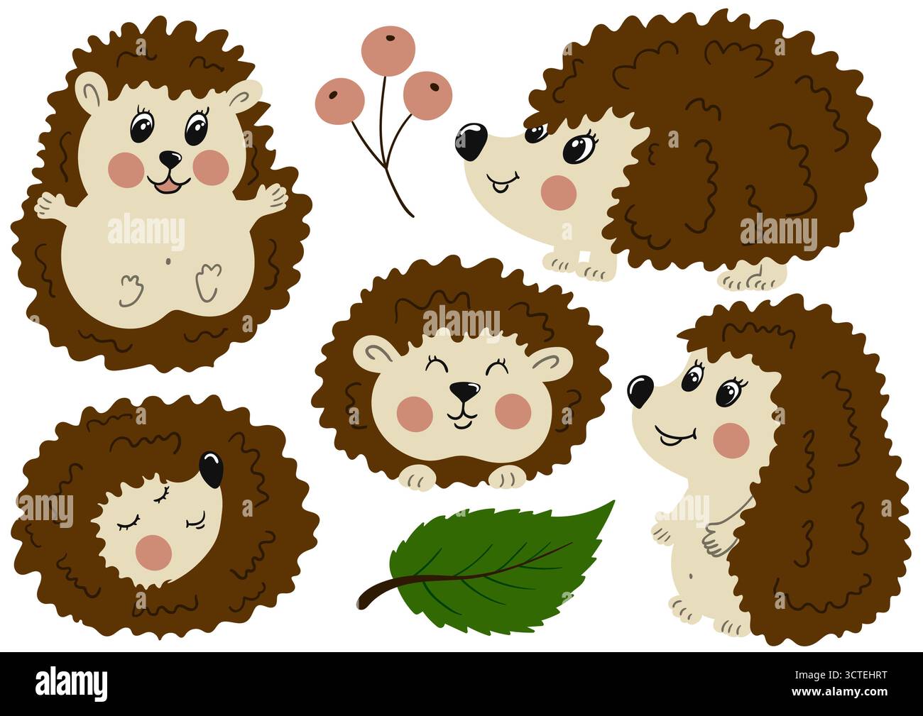 Igel. Satz von farbigen flachen Abbildungen. Design für Postkarten, Flyer, Banner, Raumdekoration. Symbole, Schilder Aufkleber Pins Logo Stock Vektor