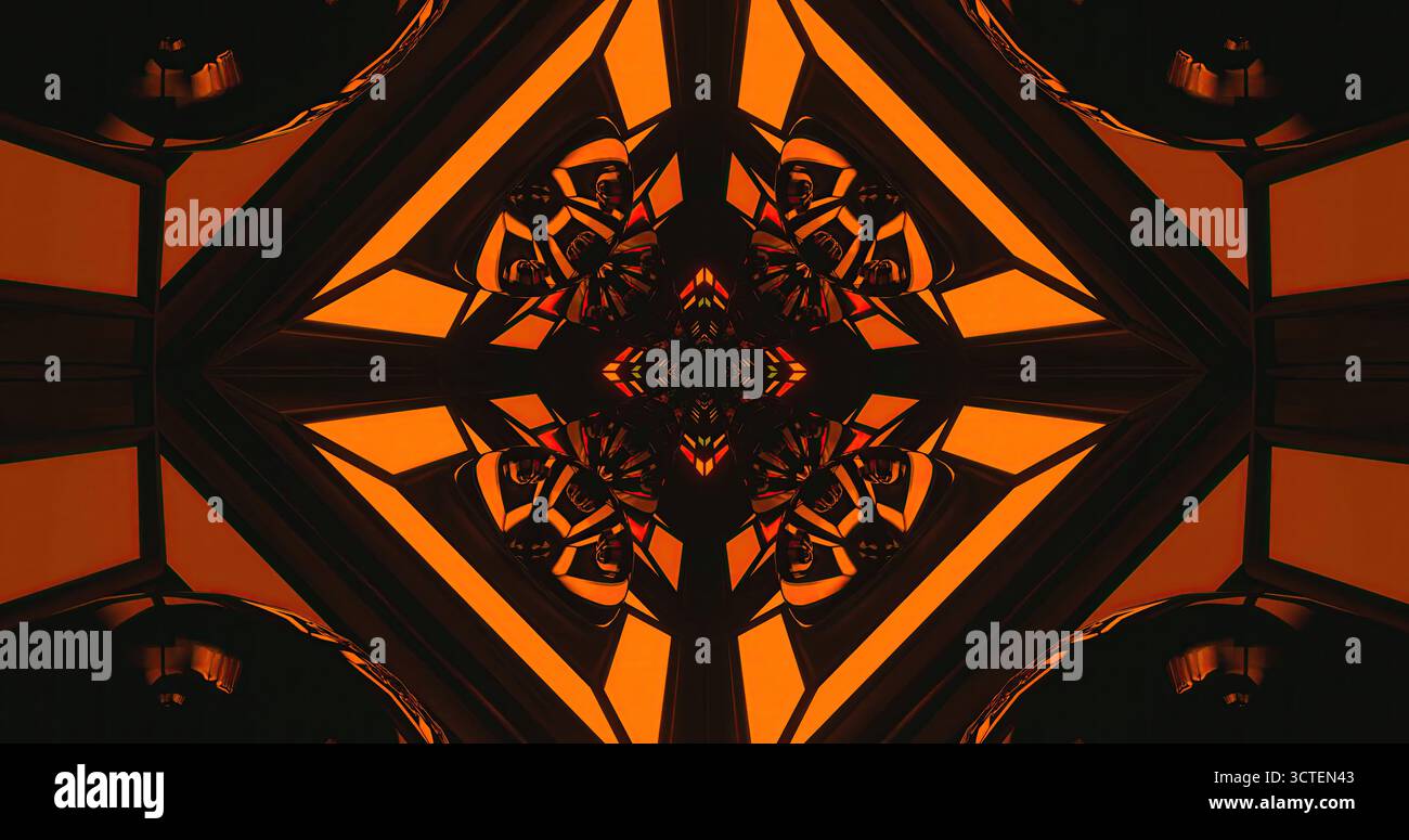 Dieses Bildmaterial zeigt ein kompliziertes geometrisches Muster in leuchtendem Orange und tiefem Schwarz. Das symmetrische Design erzeugt einen faszinierenden visuellen Effekt, dra Stockfoto