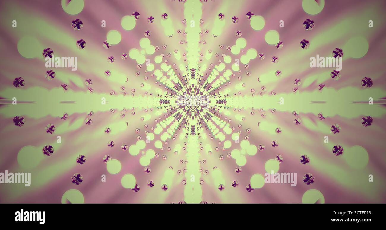 Kräftige Farben und wirbelnde Formen schaffen eine lebendige abstrakte Szene. Das Design zeichnet sich durch symmetrische Muster, strahlendes Licht und eine fesselnde visuelle Darstellung aus Stockfoto