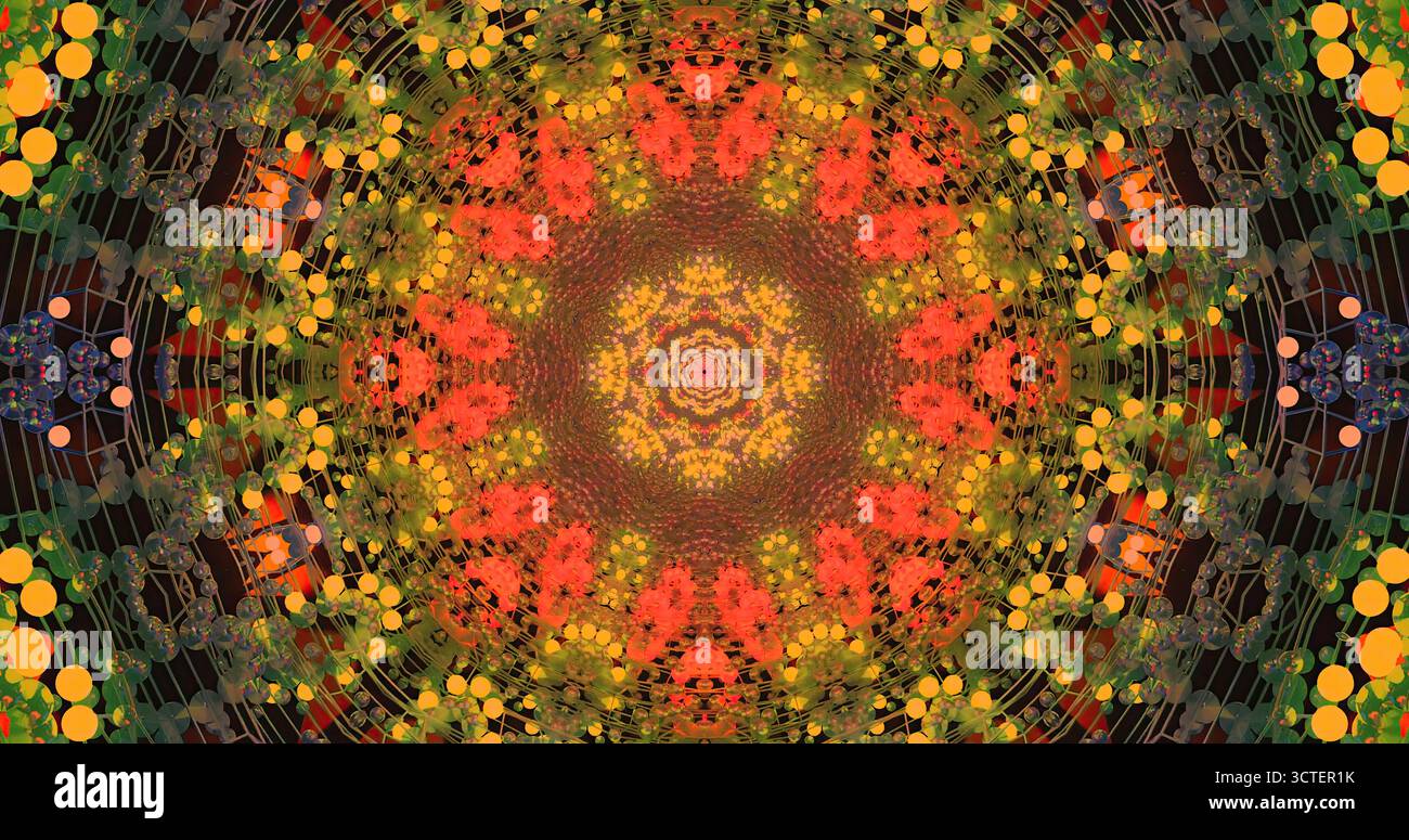 Lebendiges Mandala-Design mit komplexen Mustern und hellen Farben. Das Bildmaterial enthält kreisförmige Formen und eine Mischung aus Rot, Orange, Grün und Gelb Stockfoto