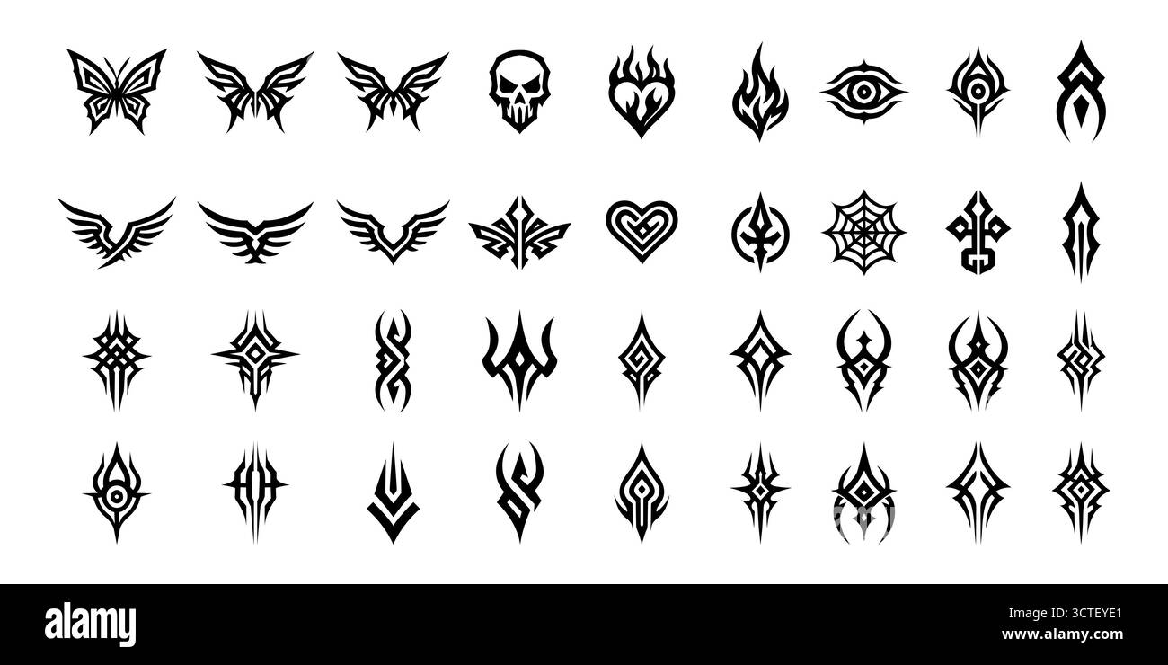 Kollektion von Tribal Tattoo Symbolen mit Schädelherzen, Flügeln und Flammen Stock Vektor
