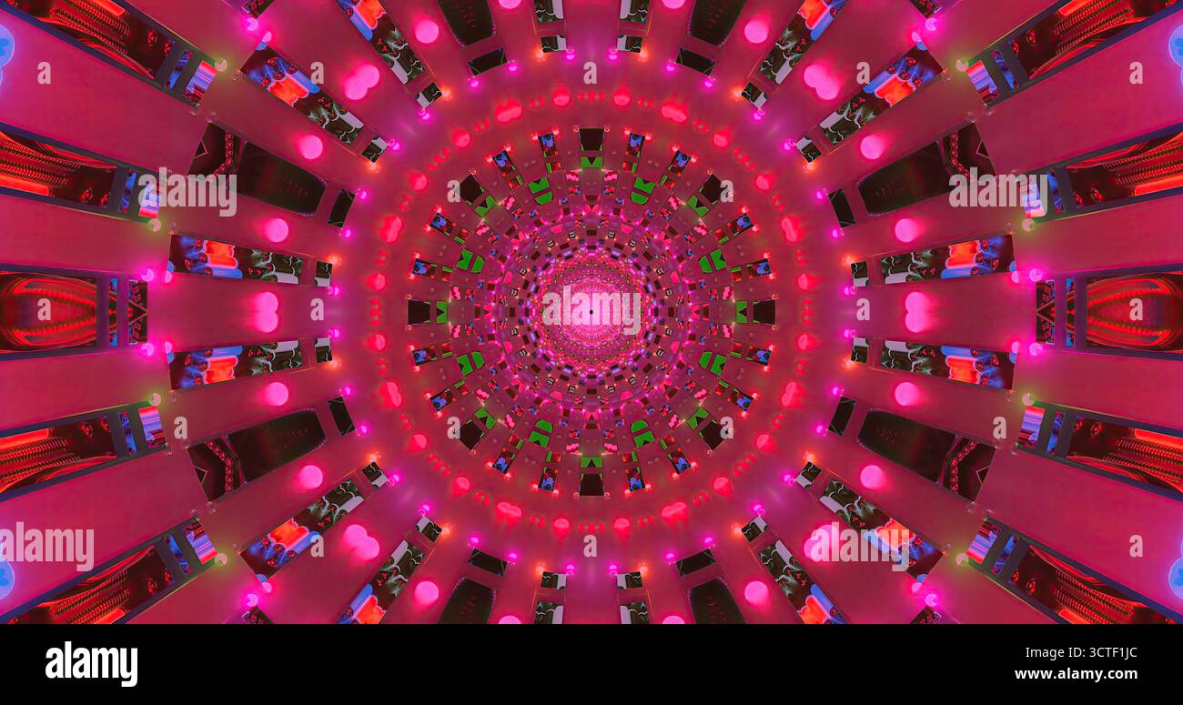 Hellrosa Lichter erzeugen ein wirbelndes Muster in einem faszinierenden Kaleidoskop-Effekt. Der Raum ist voller lebendiger Farben und abstrakter Designs, Captiv Stockfoto