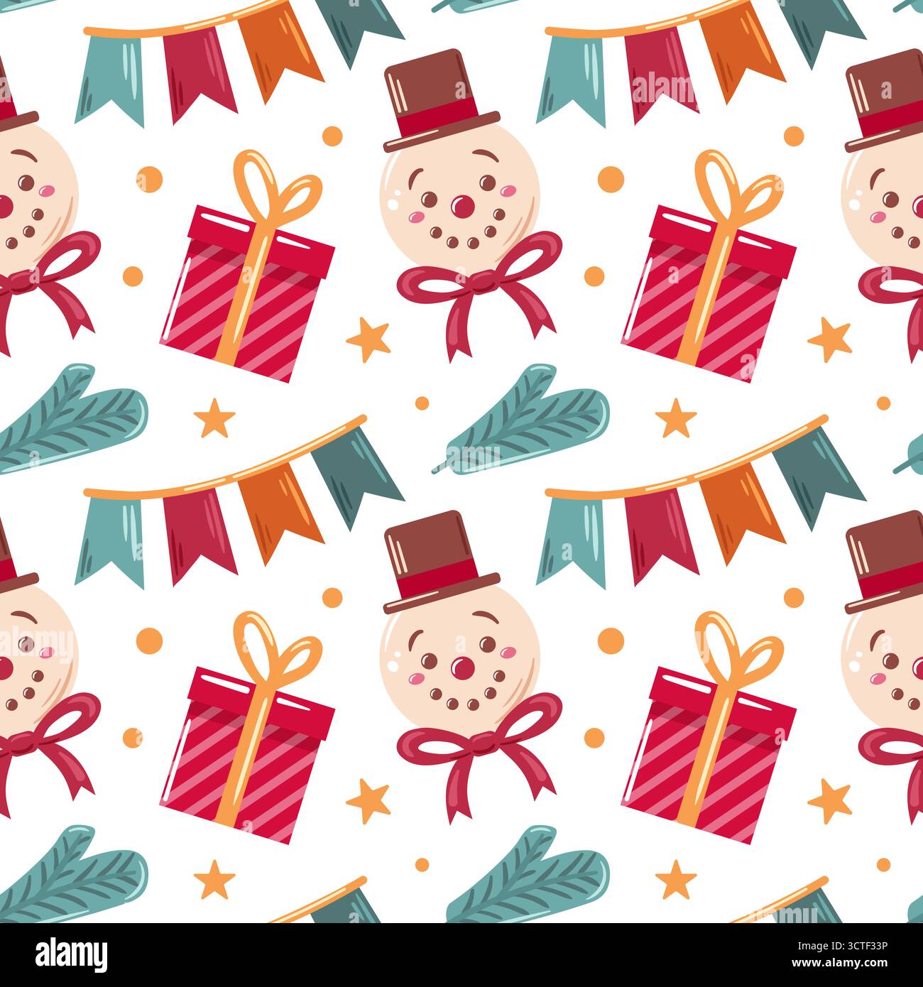 Nahtloses Muster mit Schneemann, Fahnen, Weihnachtsbaum und Geschenkboxen. Dieses festliche Design versprüht Urlaubsfreude und macht es perfekt für Stock Vektor