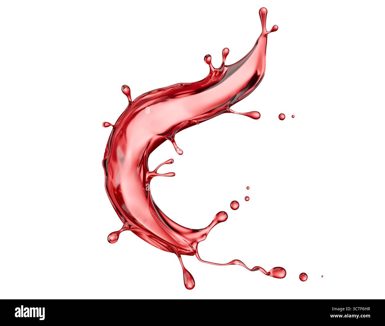 Rotweinspritzer isoliert auf weißem Hintergrund. 3D-Rendering. Stockfoto