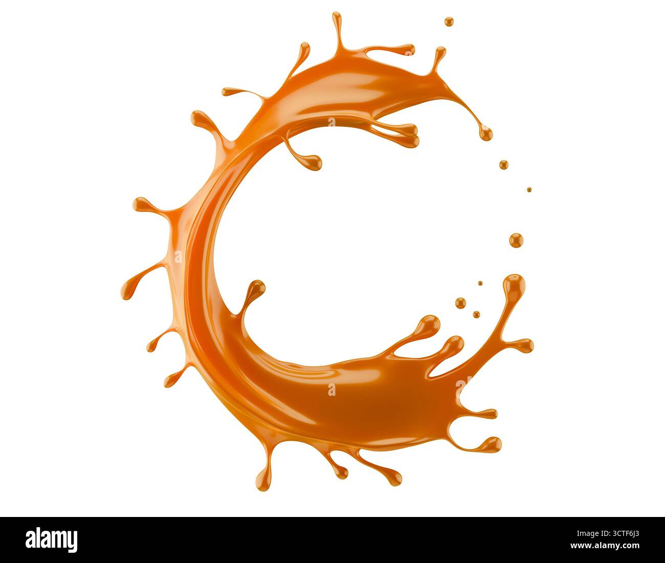 Karamellspritzer isoliert auf weißem Hintergrund. 3D-Rendering. Stockfoto