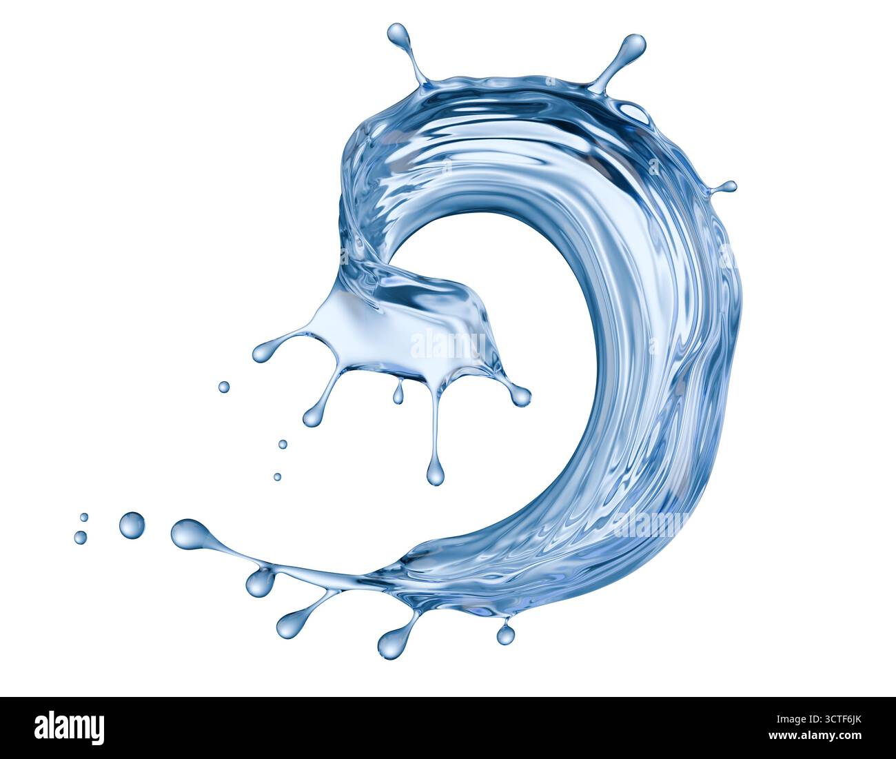 Blaues Wasserspritzen isoliert auf weißem Hintergrund. 3D-Rendering. Stockfoto