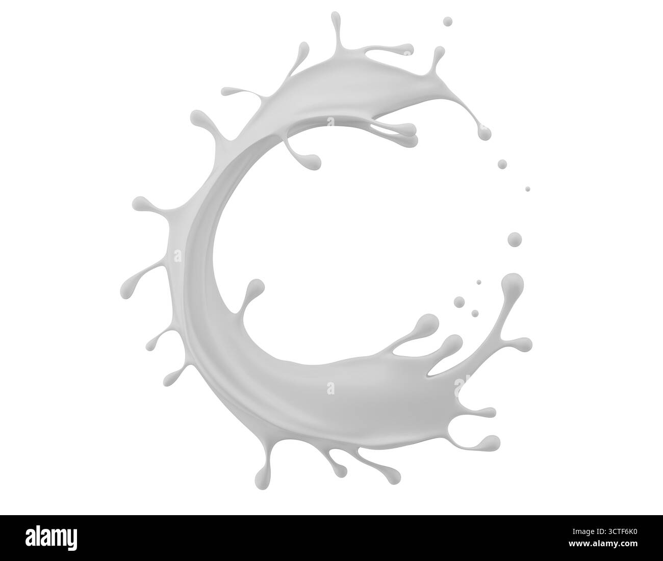 Milchspritzer isoliert auf weißem Hintergrund. 3D-Rendering. Stockfoto