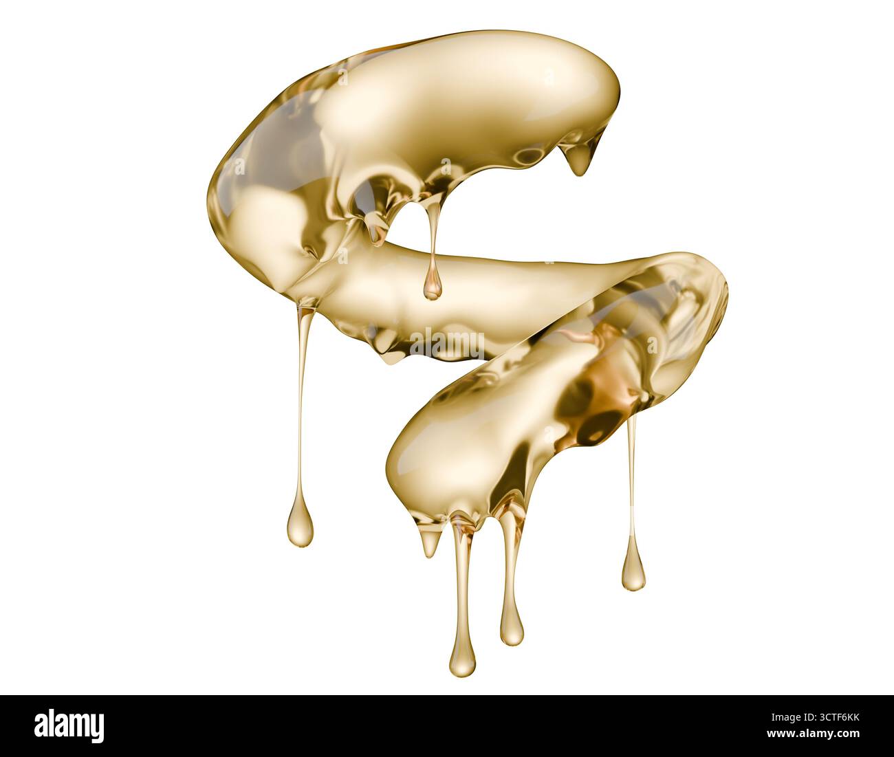 goldener Flüssigkeitsspritzer auf weißem Hintergrund. 3D-Rendering. Stockfoto