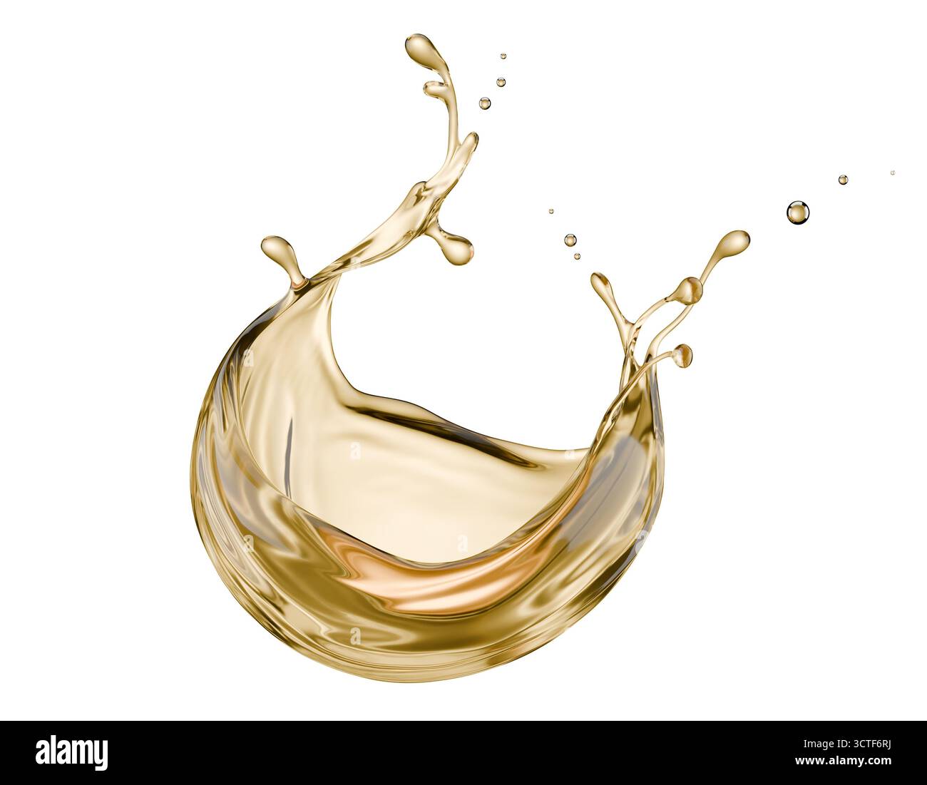 goldener Flüssigkeitsspritzer auf weißem Hintergrund. 3D-Rendering. Stockfoto