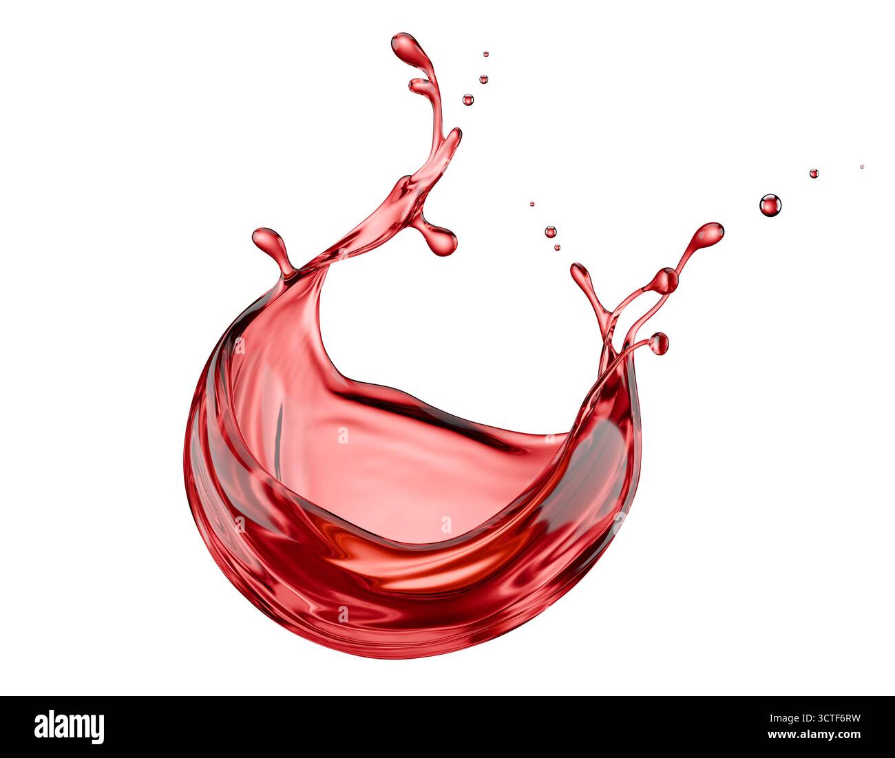 Rotweinspritzer isoliert auf weißem Hintergrund. 3D-Rendering. Stockfoto