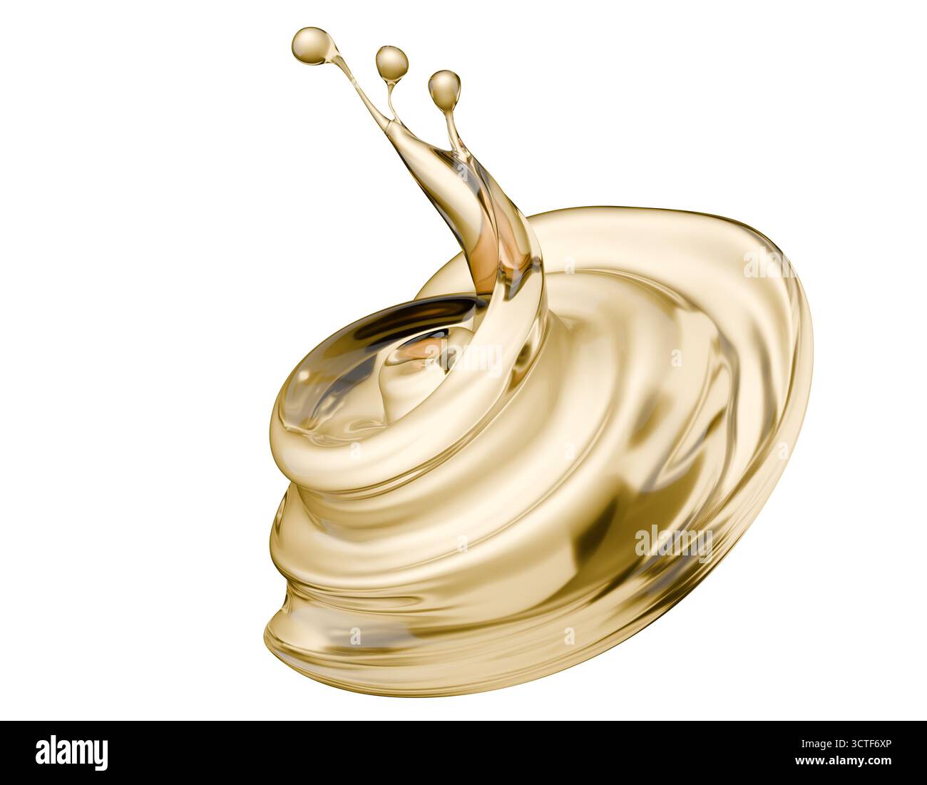 goldener Flüssigkeitsspritzer auf weißem Hintergrund. 3D-Rendering. Stockfoto