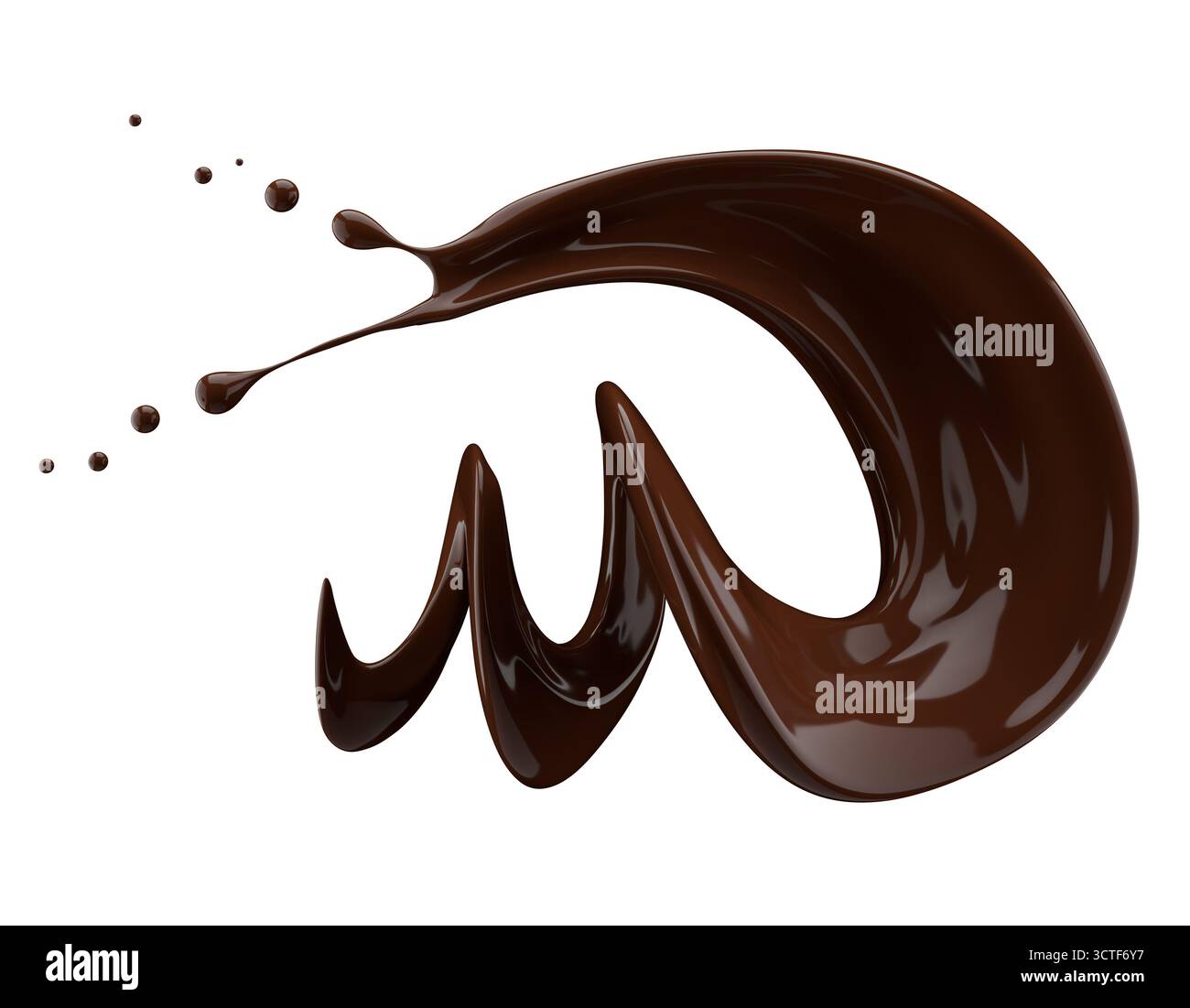 Schokoladenspritzer isoliert auf weißem Hintergrund. 3D-Rendering. Stockfoto