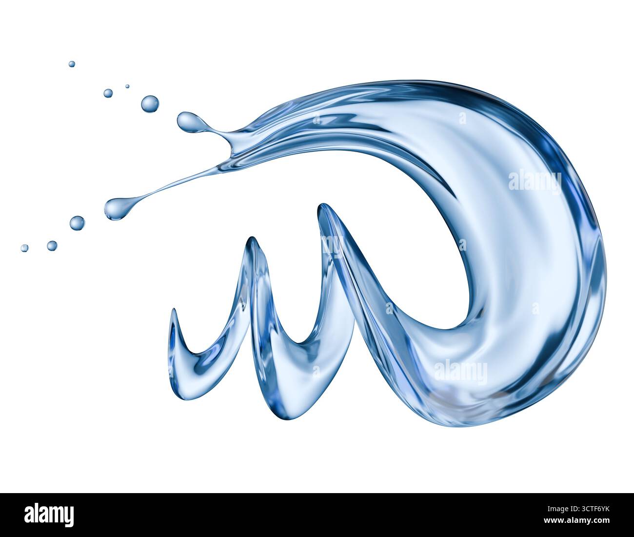 Blaues Wasserspritzen isoliert auf weißem Hintergrund. 3D-Rendering. Stockfoto