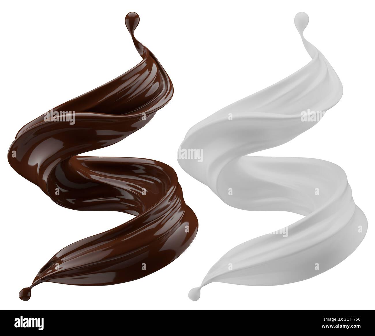 Milch- und Schokoladenspritzer. Milchshake und geschmolzene braune Schokolade isoliert auf weißem Hintergrund. 3D-Rendering . Stockfoto