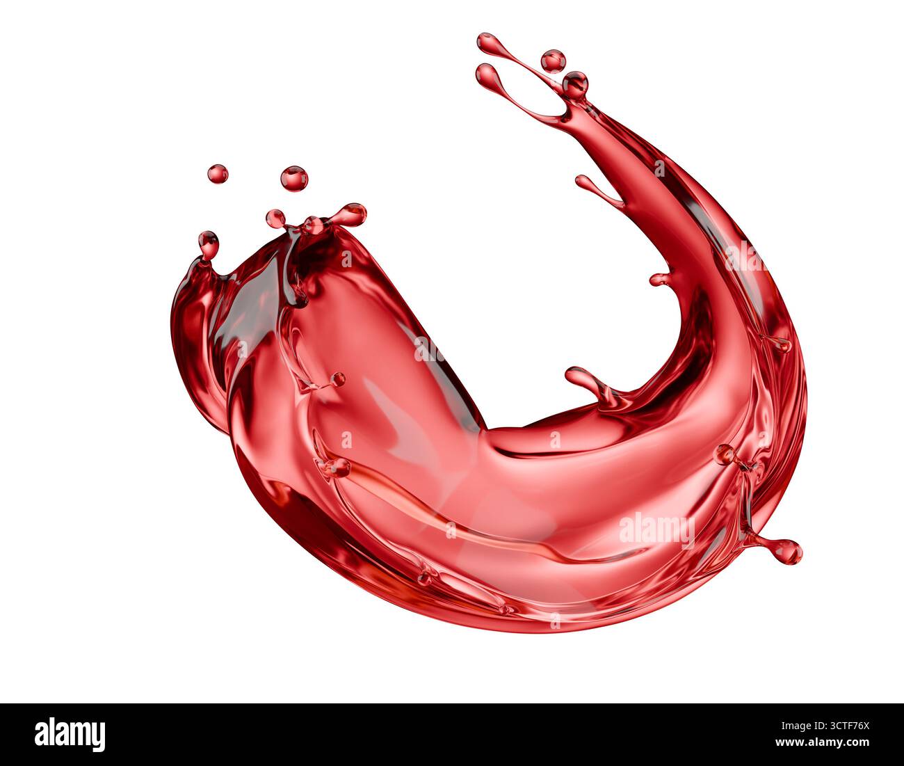 Rotweinspritzer isoliert auf weißem Hintergrund. 3D-Rendering. Stockfoto