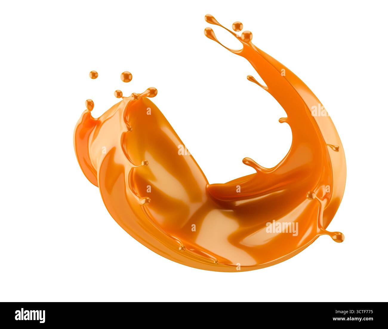 Karamellspritzer isoliert auf weißem Hintergrund. 3D-Rendering. Stockfoto