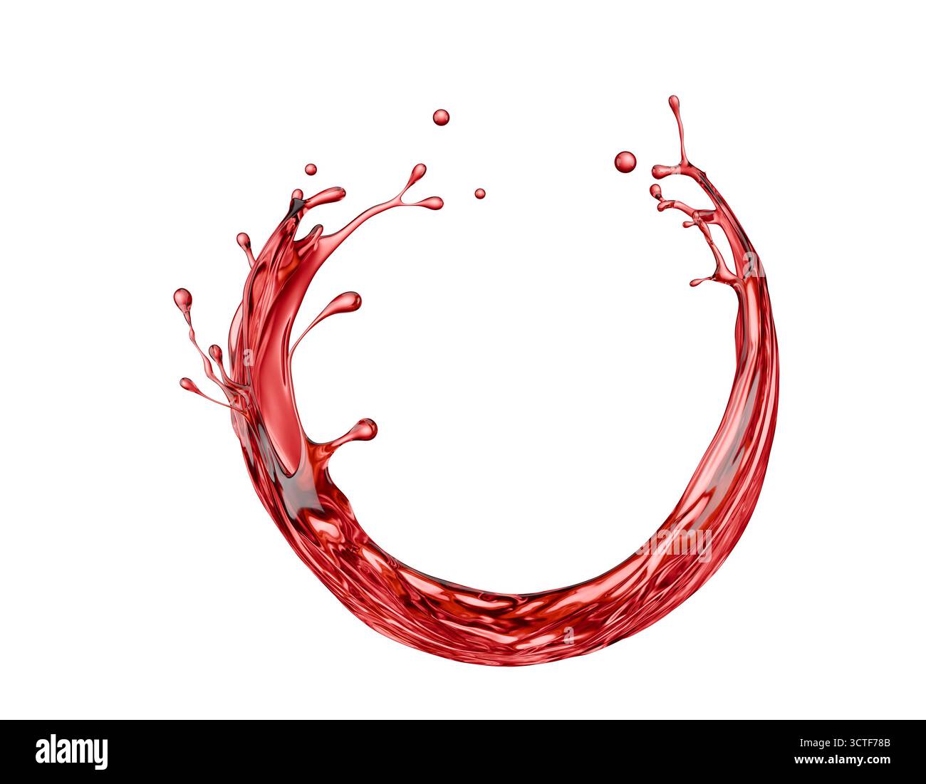 Rotweinspritzer isoliert auf weißem Hintergrund. 3D-Rendering. Stockfoto