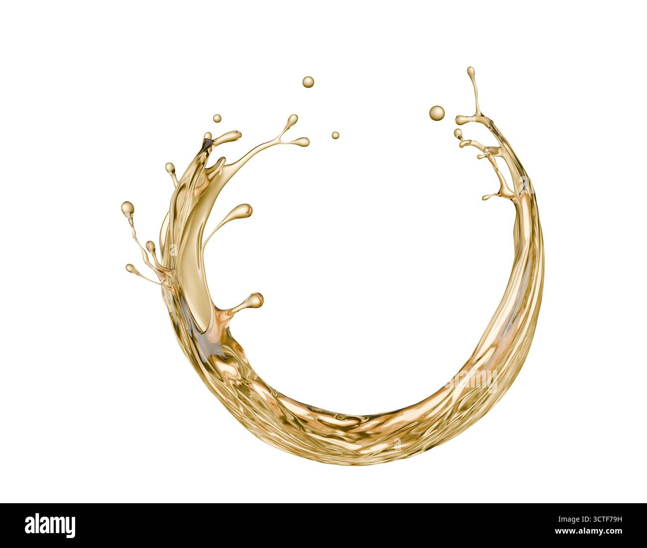 goldener Flüssigkeitsspritzer auf weißem Hintergrund. 3D-Rendering. Stockfoto