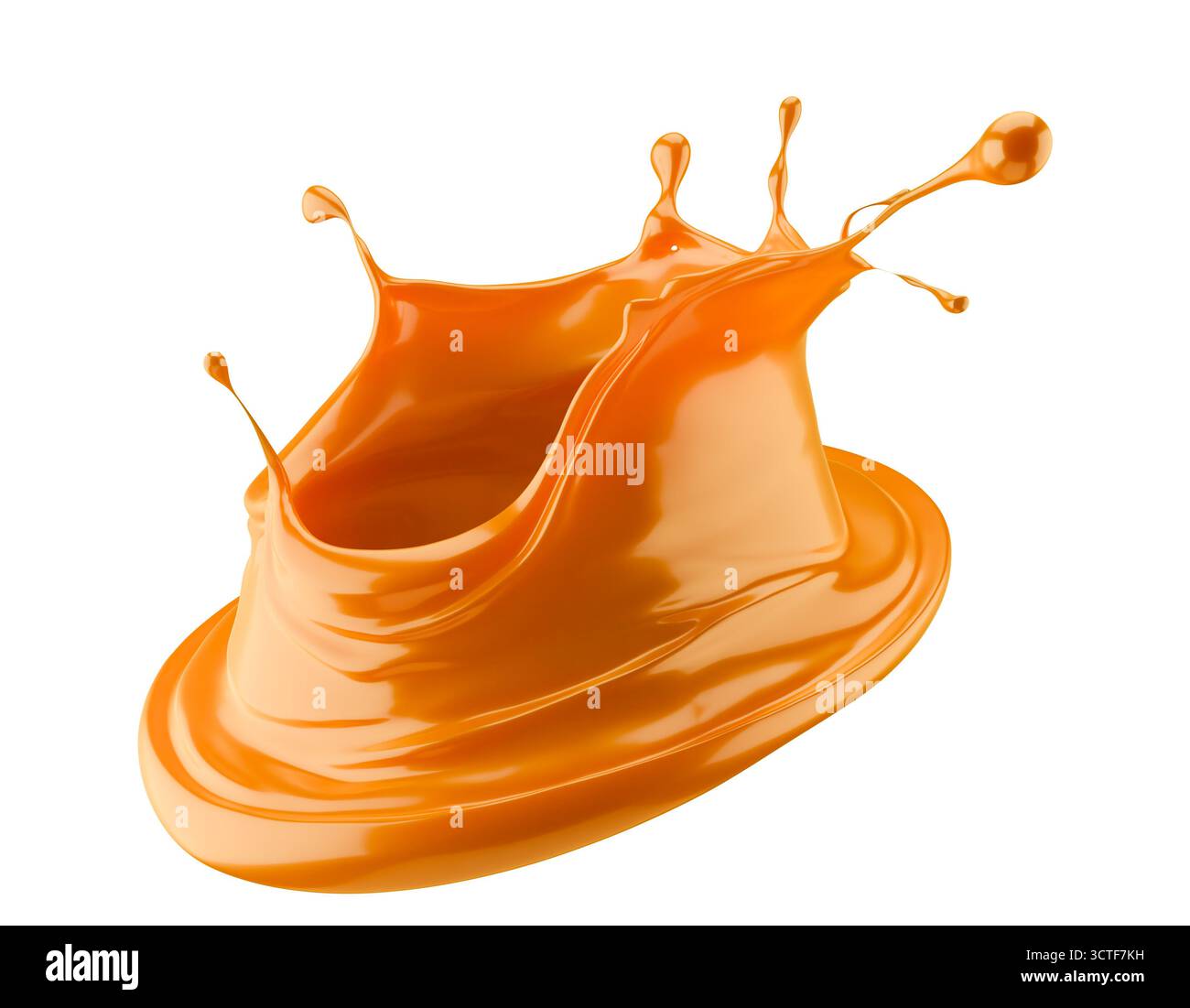 Karamellspritzer isoliert auf weißem Hintergrund. 3D-Rendering. Stockfoto