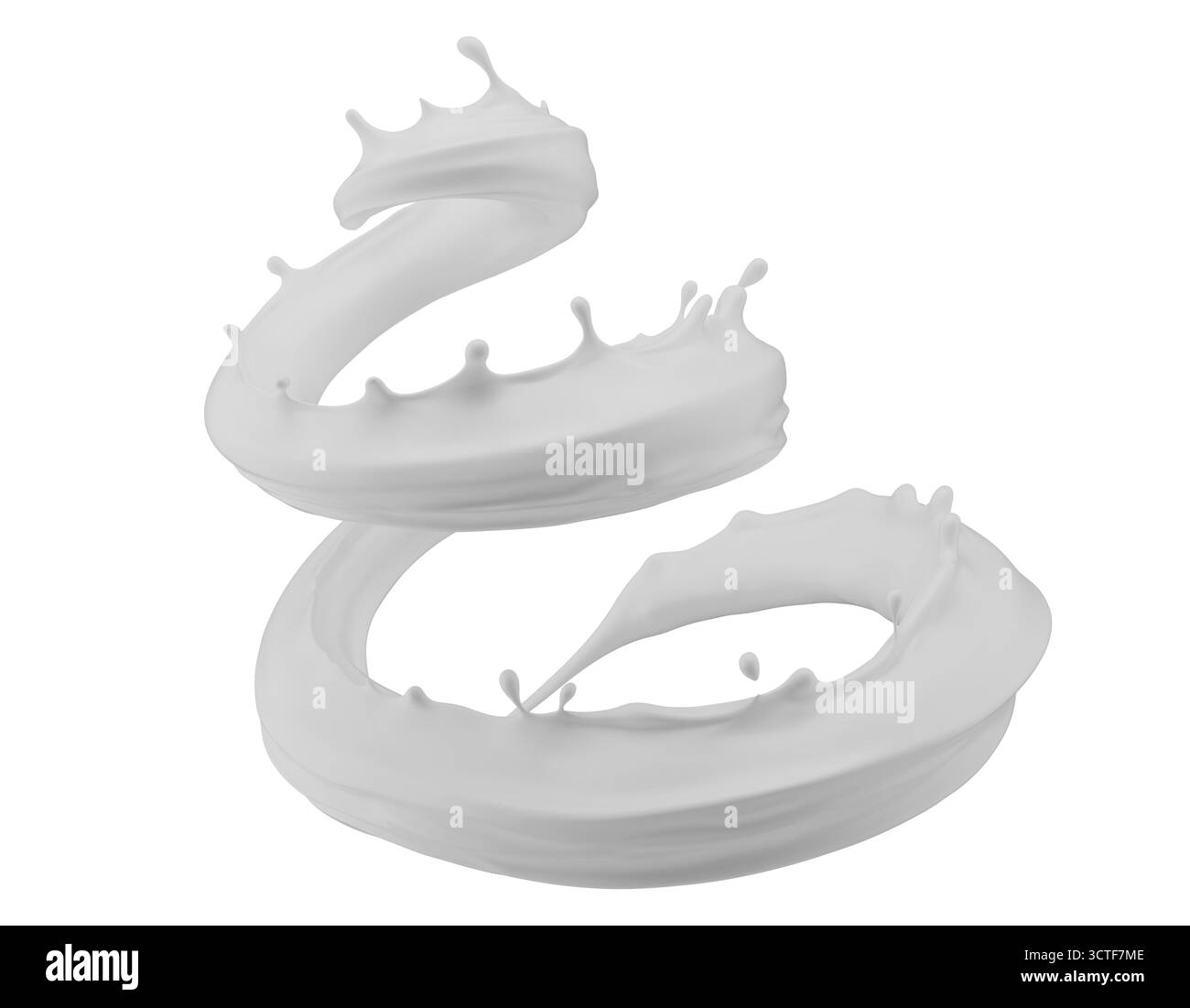 Milchspritzer isoliert auf weißem Hintergrund. 3D-Rendering. Stockfoto