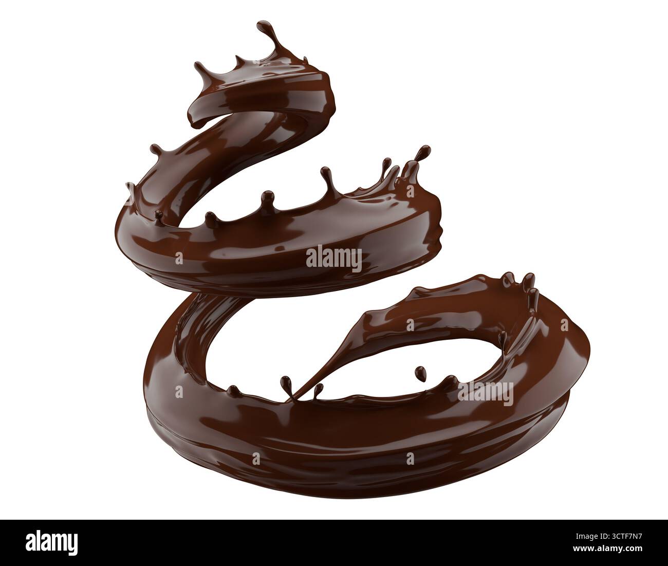 Schokoladenspritzer isoliert auf weißem Hintergrund. 3D-Rendering. Stockfoto