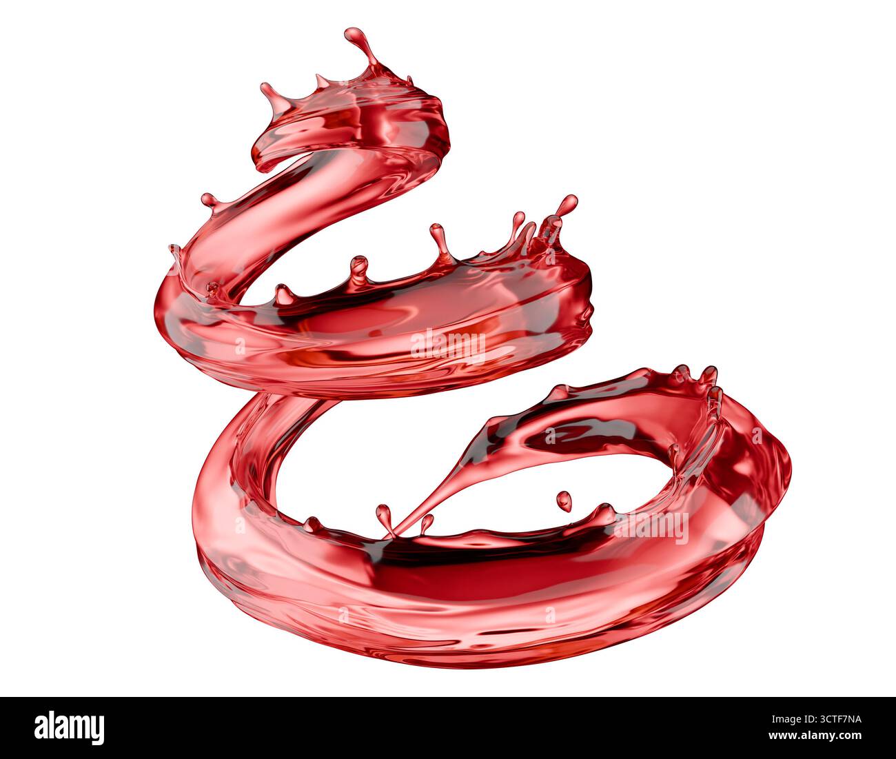 Rotweinspritzer isoliert auf weißem Hintergrund. 3D-Rendering. Stockfoto