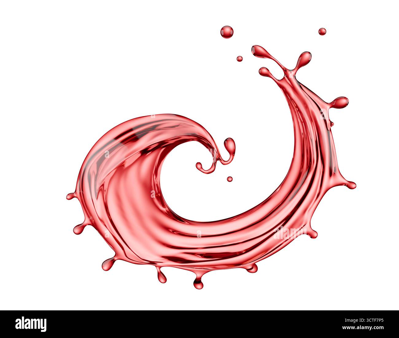 Rotweinspritzer isoliert auf weißem Hintergrund. 3D-Rendering. Stockfoto