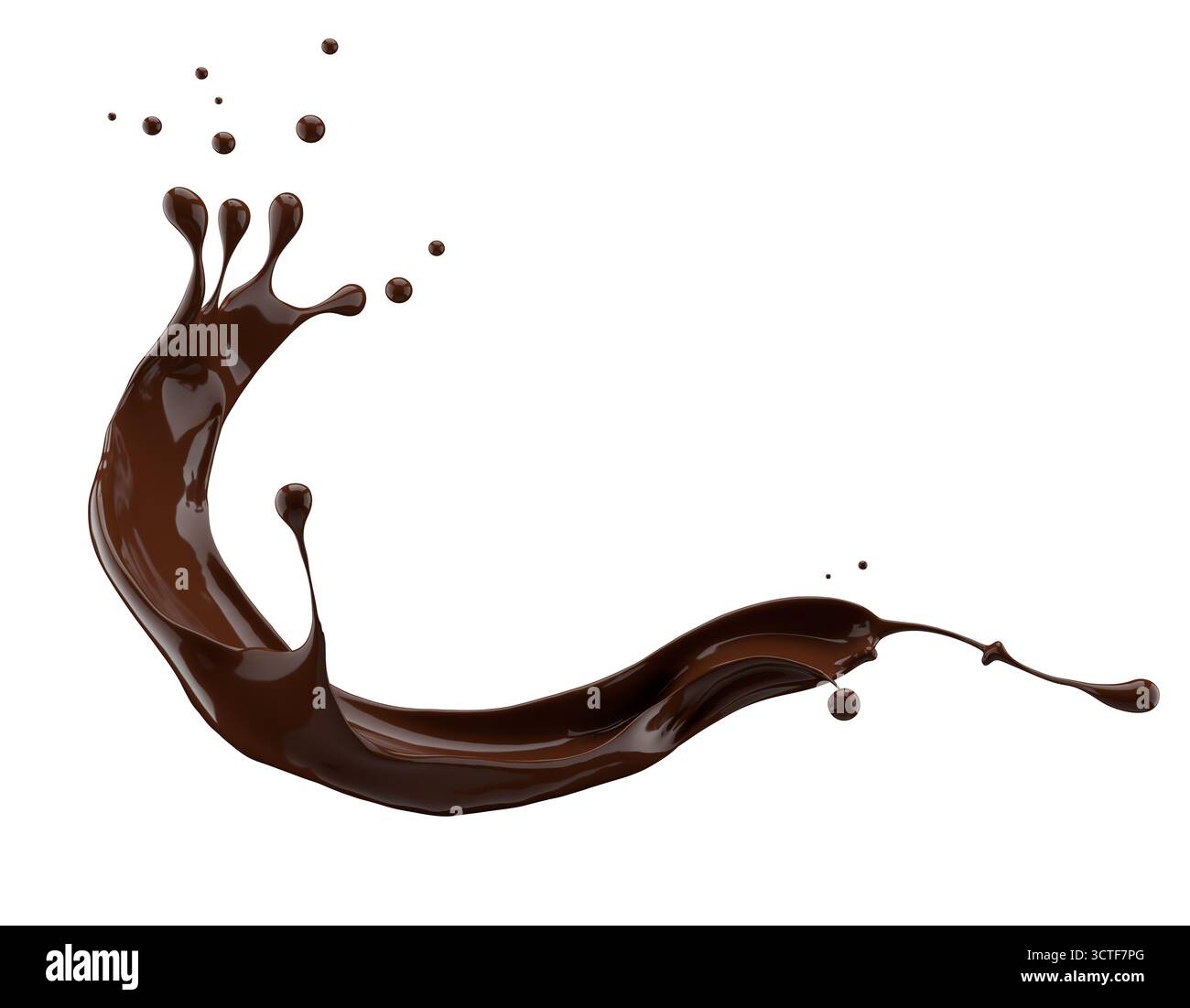 Schokoladenspritzer isoliert auf weißem Hintergrund. 3D-Rendering. Stockfoto