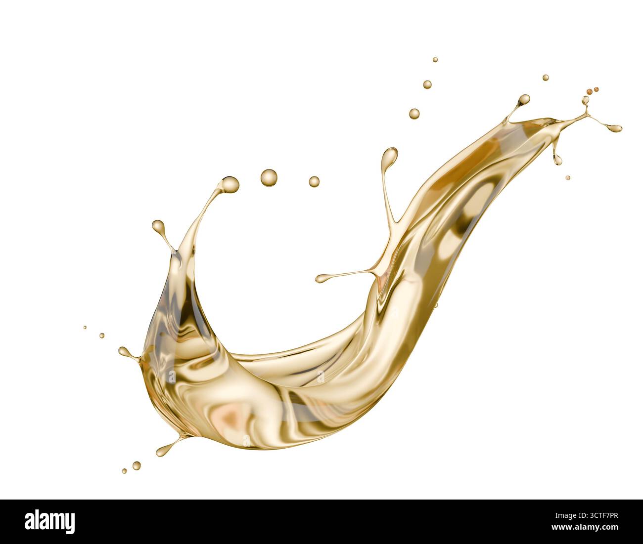 goldener Flüssigkeitsspritzer auf weißem Hintergrund. 3D-Rendering. Stockfoto