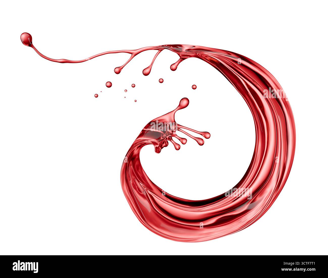 Rotweinspritzer isoliert auf weißem Hintergrund. 3D-Rendering. Stockfoto