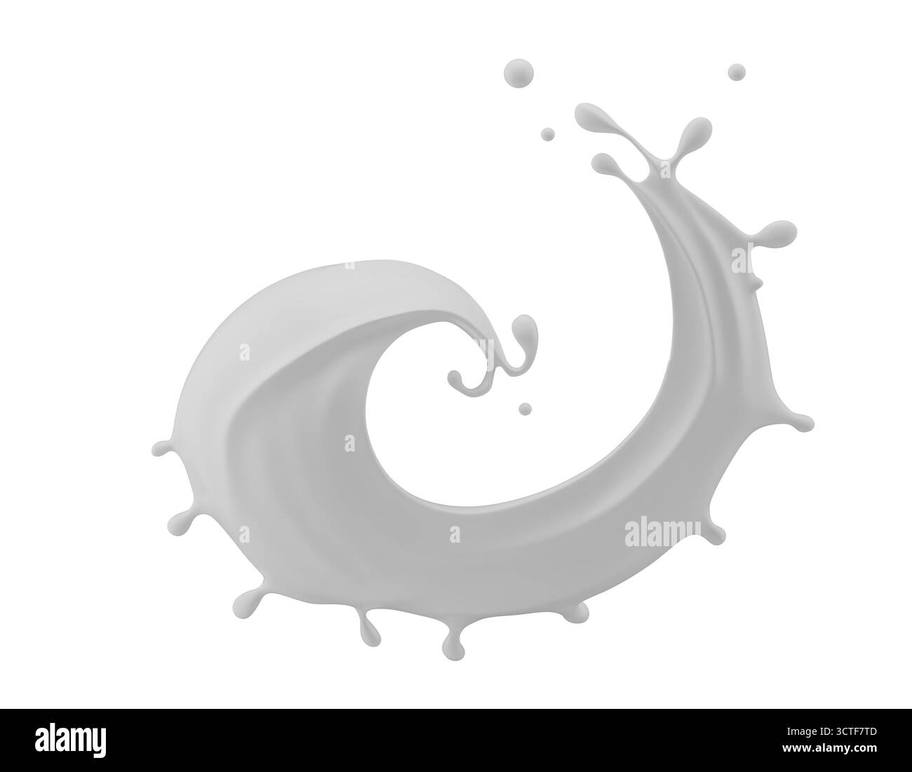 Milchspritzer isoliert auf weißem Hintergrund. 3D-Rendering. Stockfoto