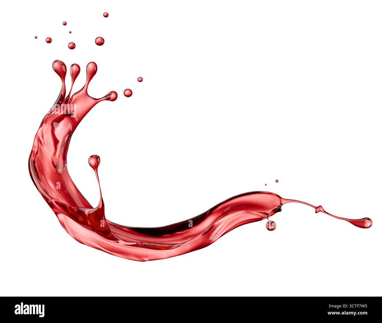 Rotweinspritzer isoliert auf weißem Hintergrund. 3D-Rendering. Stockfoto