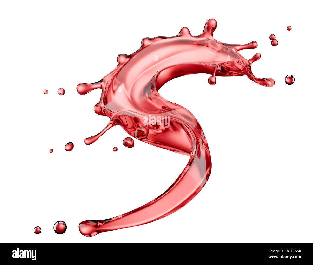 Rotweinspritzer isoliert auf weißem Hintergrund. 3D-Rendering. Stockfoto